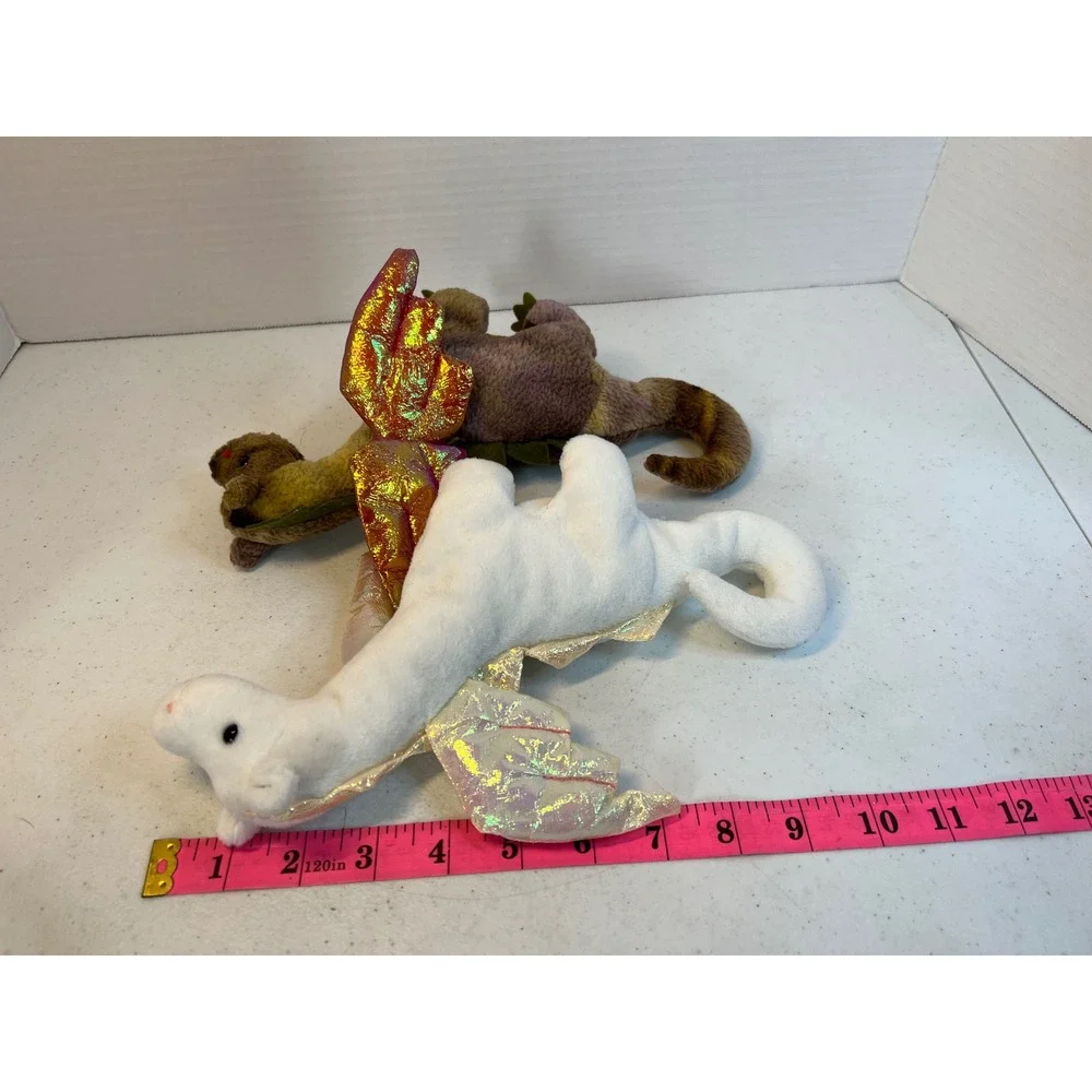 Ty Beanie Babies Magic and Scorch Dragon Plush Set White Brown Iridescent Wings